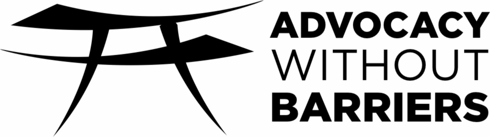 The logo is a stylized graphic illustration of a Japanese torii gate and 'Advocacy Without Barriers' on right side.